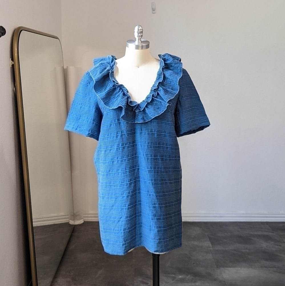 Revolve Tularosa V Neck Ruffle Shift Tunic Dress Blue M summer bohemian beach